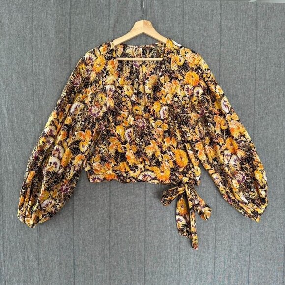 Free People Cool Meadow Floral Print True Wrap Puff Ballon Sleeve Peasant Blouse - Picture 1 of 10